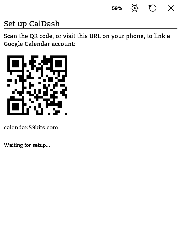CalDash setup screen with QR code